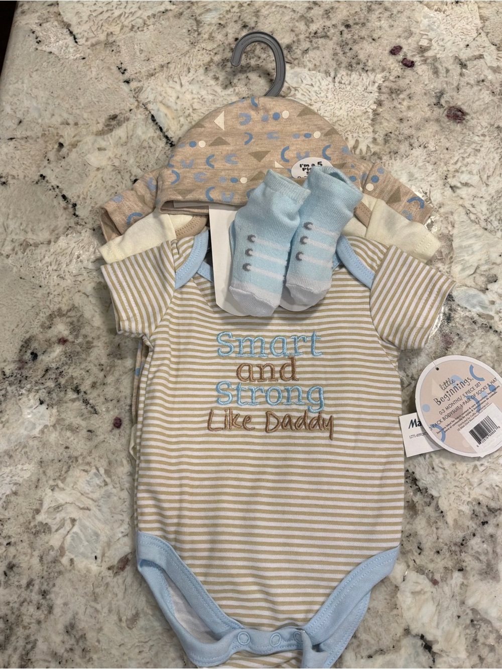 Striped Baby One-Piece Bodysuit Set — Blue & Tan